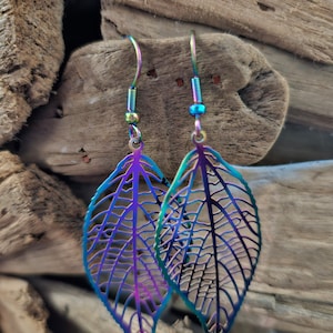 Leaf Rainbow Chrome Drop Filigree  Earrings