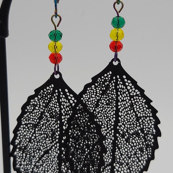 Rasta Earrings (Leaf, Fan or Circular Mandala), Bohemian Jewelry, Dangle earrings, Reggae Colors, Glass Beads, Gift for her, Festival Weae