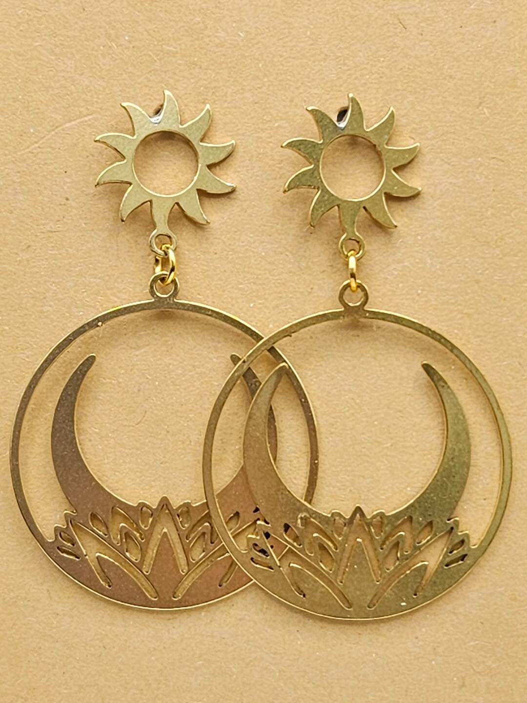 Brass Lotus Moon Earrings