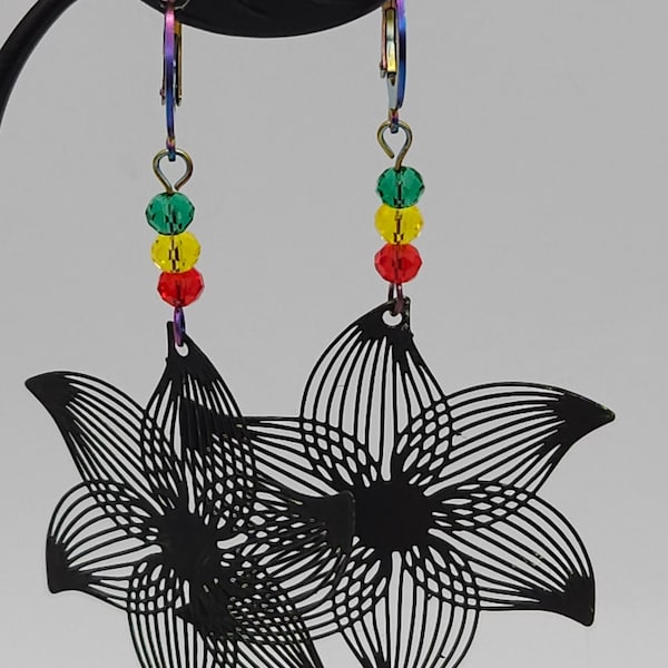 Rasta Star Flower Earrings, Bohemian Jewelry, Dangle earrings, Reggae Glass Beads, Gift for her, Reggae Festival wear