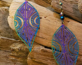 Big Leaf Filigree Rainbow Chrome Drop Dangle Earrings