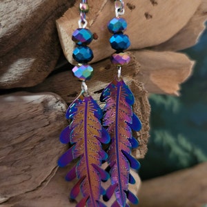 Willow Leaf and Feather Rainbow Chrome Filigree  Earrings