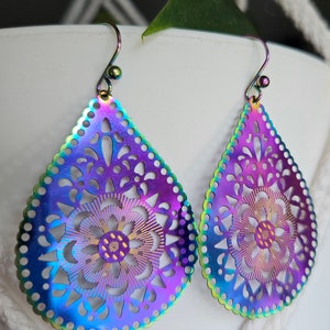 Big Teardrop Charm Earrings, Dangle Drop, Bohemian Jewelry, Gift for Her, Gold Flower Accent, Rainbow Filigree, Purple Pink Blue Hues