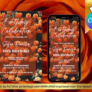 Bearbeitbare elegante blumige Geburtstagseinladungsvorlage | Niedliche Tangerine Geburtstagsfeier bearbeitbare Canva Vorlage | Druckbar oder Text