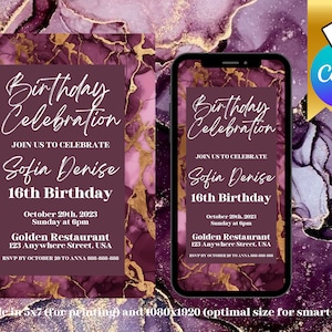 Editable Elegant Purple Marble Birthday Invitation Template | Purple Agate Birthday Party Editable Canva Template | Printable or Text