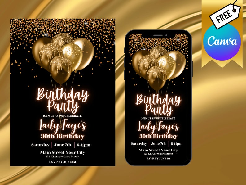 Editable Gold Glitter Birthday Invitation Template Black and Gold ...