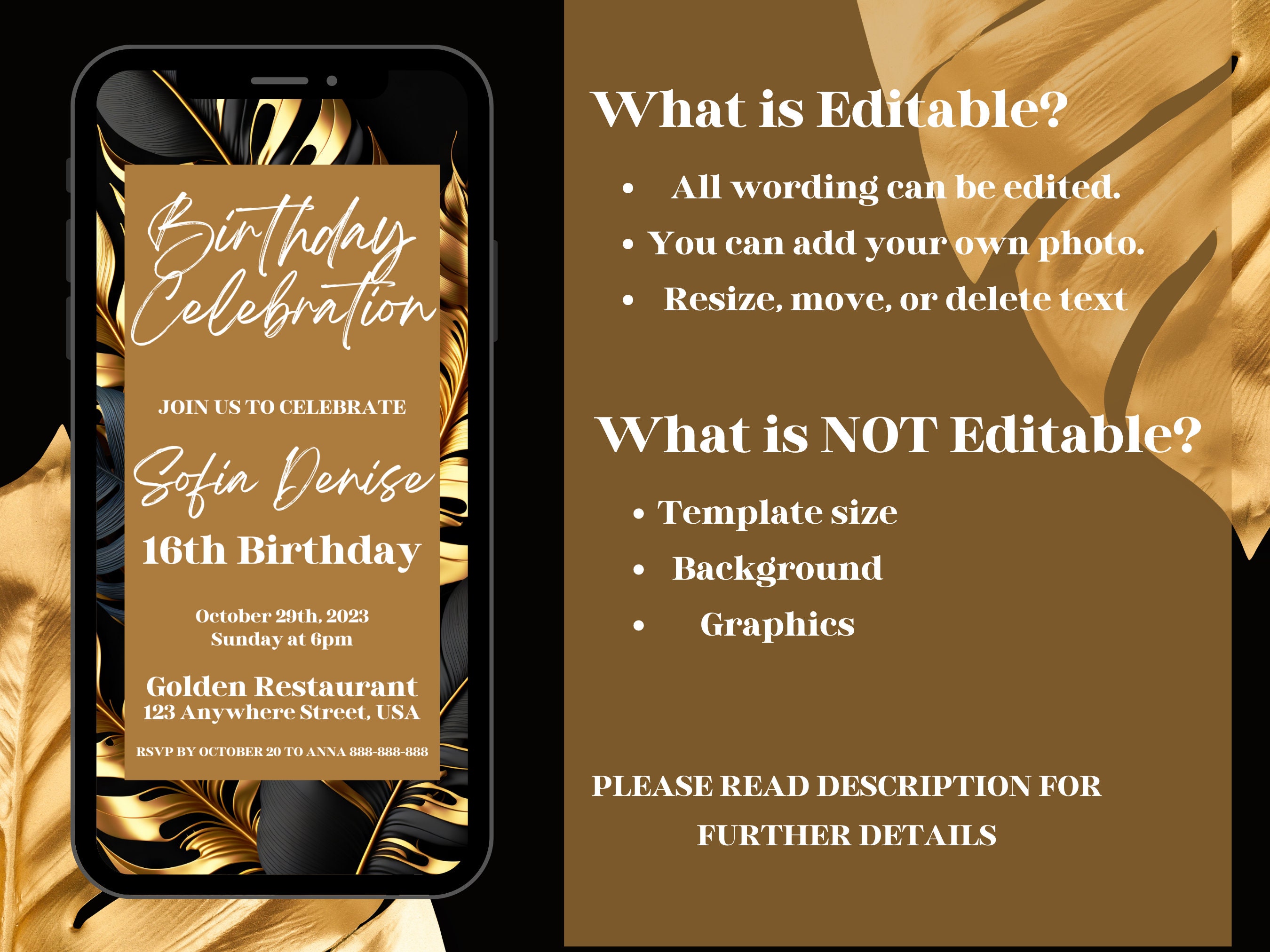 Gold and Black Birthday Invitation Template | Editable Canva Design ...