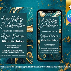 Editable Elegant Blue Agate Birthday Invitation Template | Blue and Gold Agate Birthday Party Editable Canva Template | Printable or Text