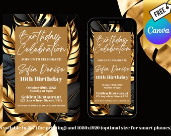 Gold und Schwarz Geburtstagseinladung Vorlage | Bearbeitbares Canva Design (druckbar oder Text)