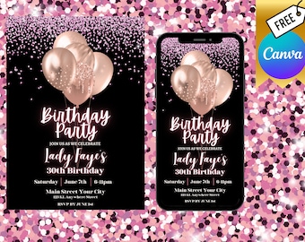 Pink Glitter Birthday Invitation Template | Glam Party (Canva Editable, Printable)