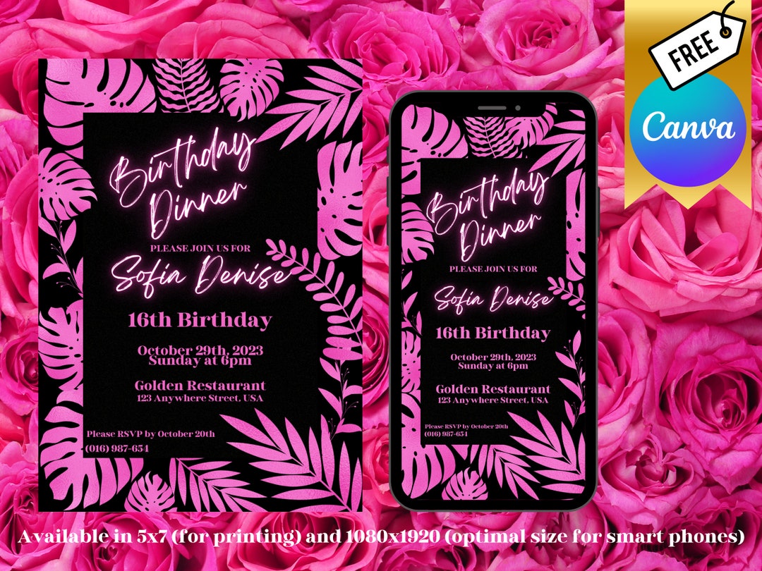 Editable Elegant Tropical Pink Birthday Invitation Template | Pink ...