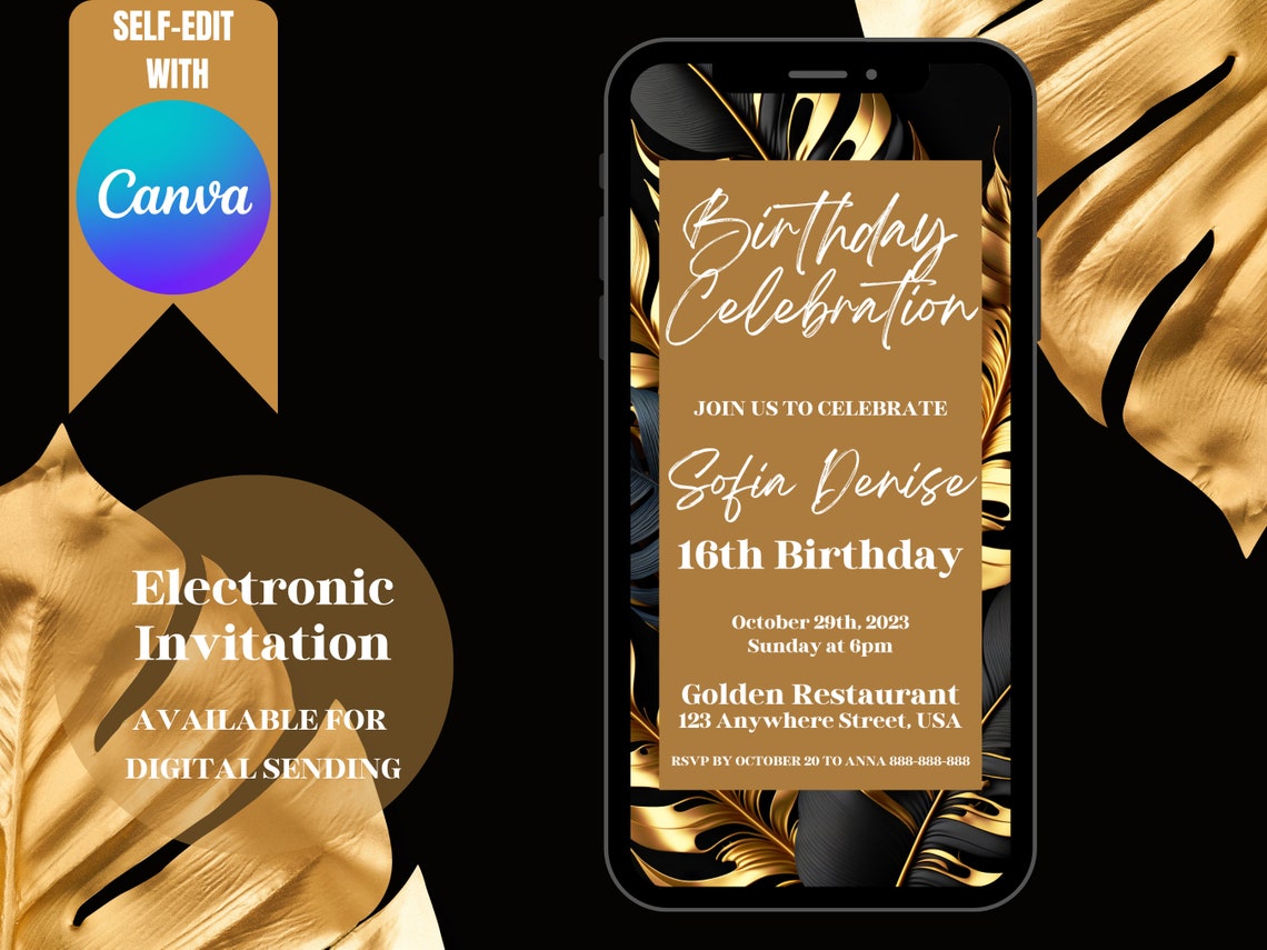 Gold and Black Birthday Invitation Template | Editable Canva Design ...