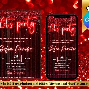 Plantilla de invitación de cumpleaños con tema rojo brillante y elegante editable / Plantilla de Canva editable para fiesta de cumpleaños con brillo rojo / Imprimible o texto