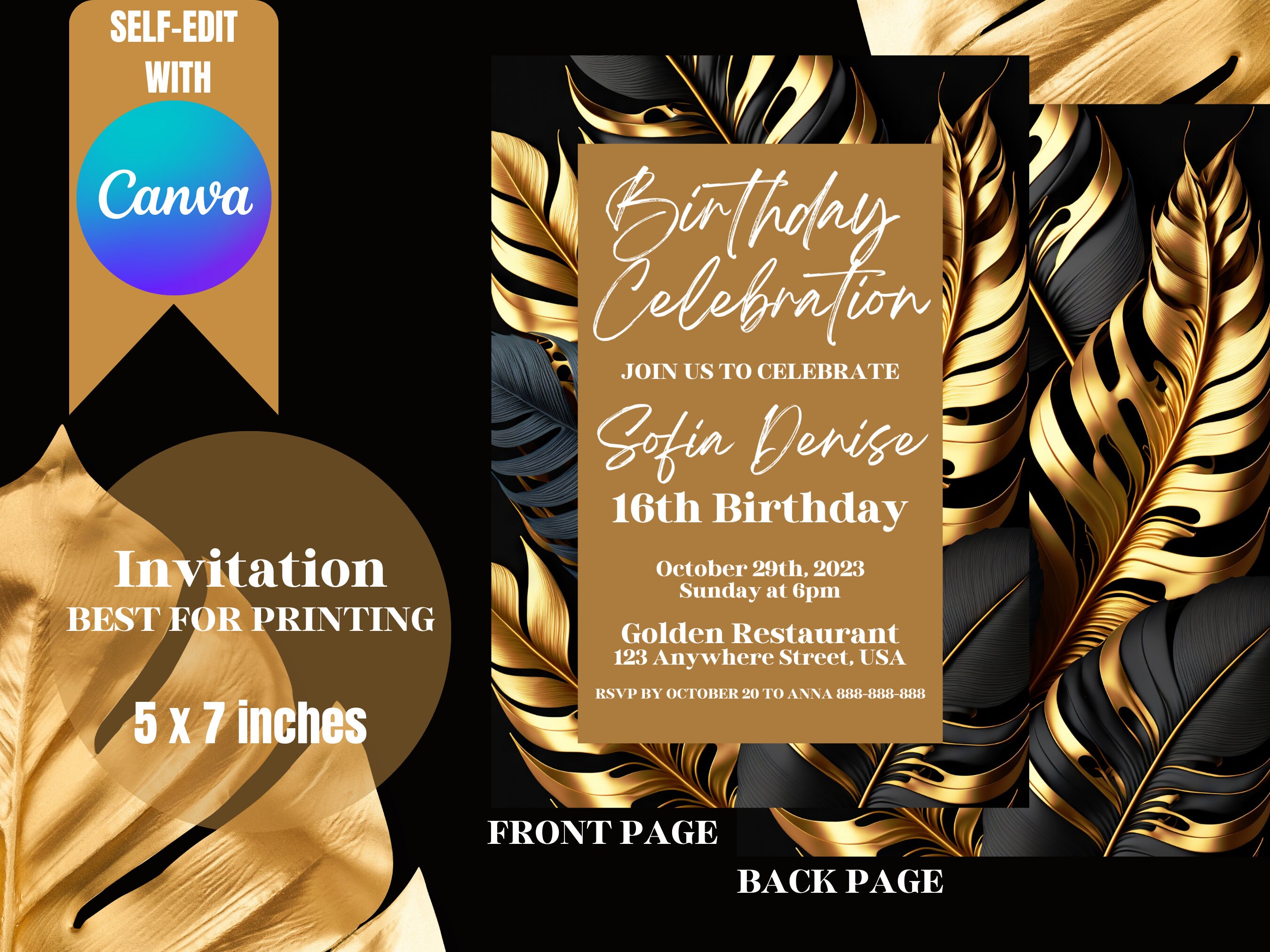 Gold and Black Birthday Invitation Template | Editable Canva Design ...