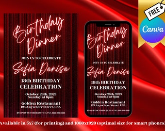 May include: Red and white digital invitation for a birthday dinner. The invitation says "Birthday Dinner" and "Join us to celebrate Sofia Denise 18th Birthday Celebration" with the date and time of the event, the location, and RSVP information.