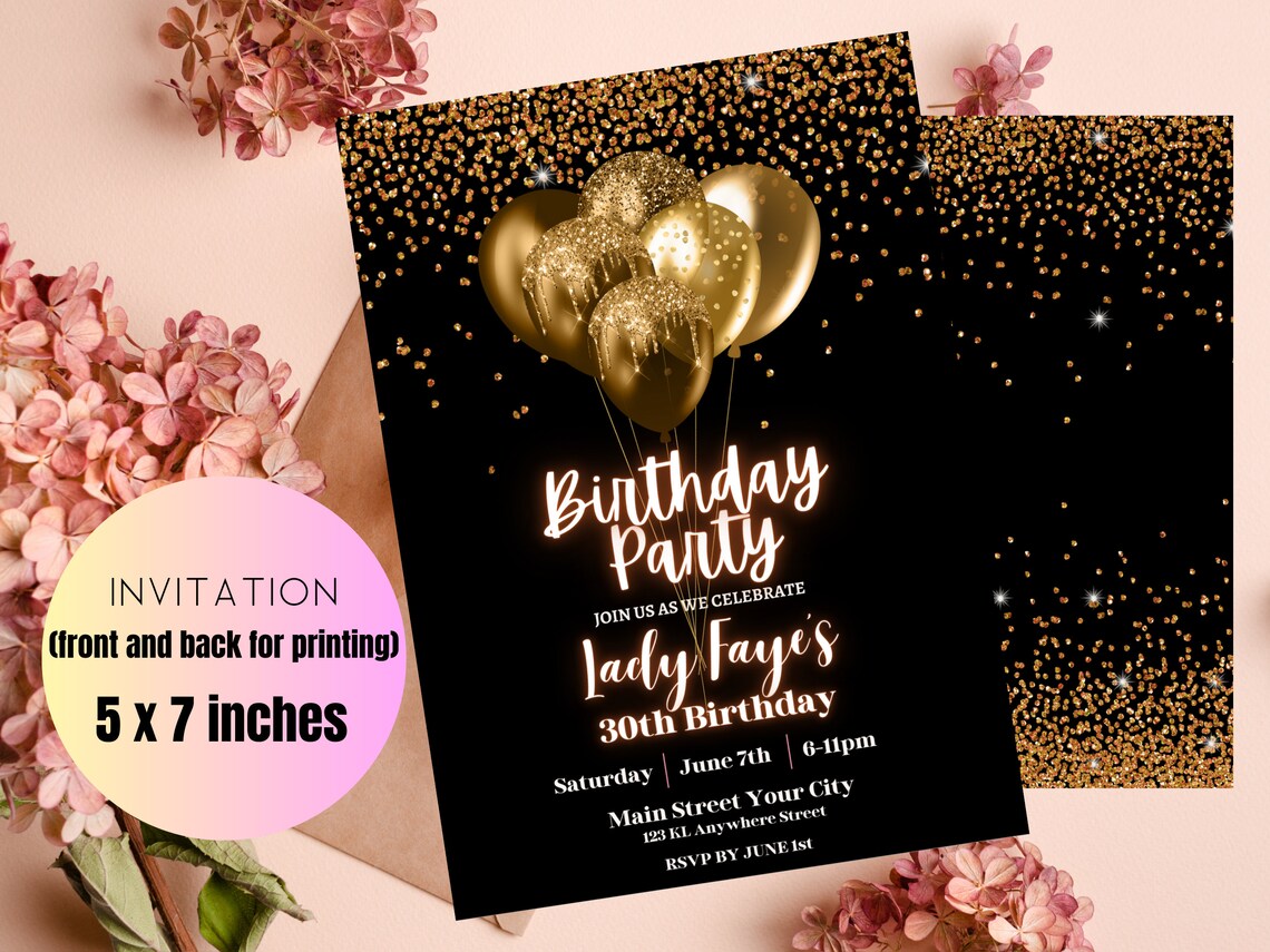 Editable Gold Glitter Birthday Invitation Template Black and Gold ...