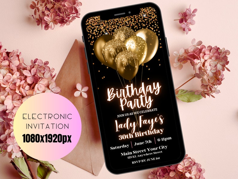 Editable Gold Glitter Birthday Invitation Template Black and Gold ...