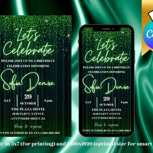 Editable Elegant Green Glitter Birthday Invitation Template | Green Glamour Birthday Party Editable Canva Template | Printable or Text