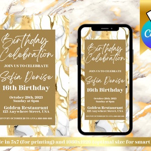 Editable Elegant Gold Agate Birthday Invitation Template | White and Gold Birthday Party Editable Canva Template | Printable or Text
