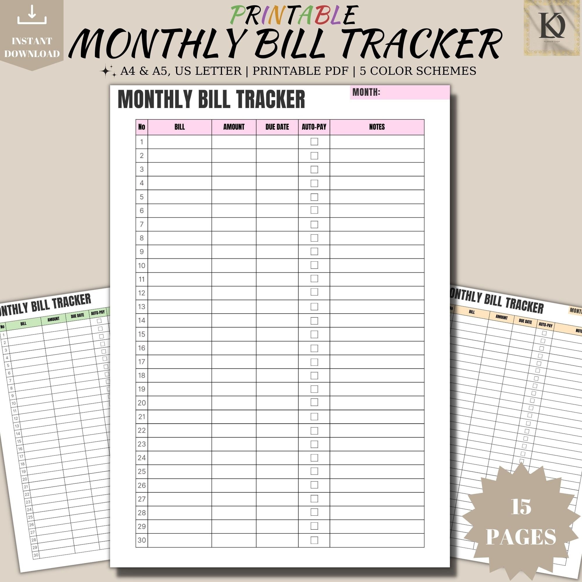 Monthly Bill Tracker Printable Colourful Bill Payment Tracker Payment ...