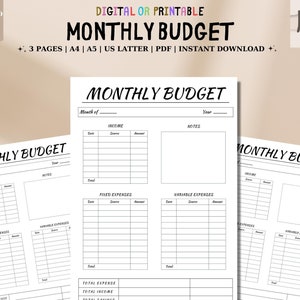 Printable Monthly Budget, Monthly Income &amp; Expense, Monthly Budget ...