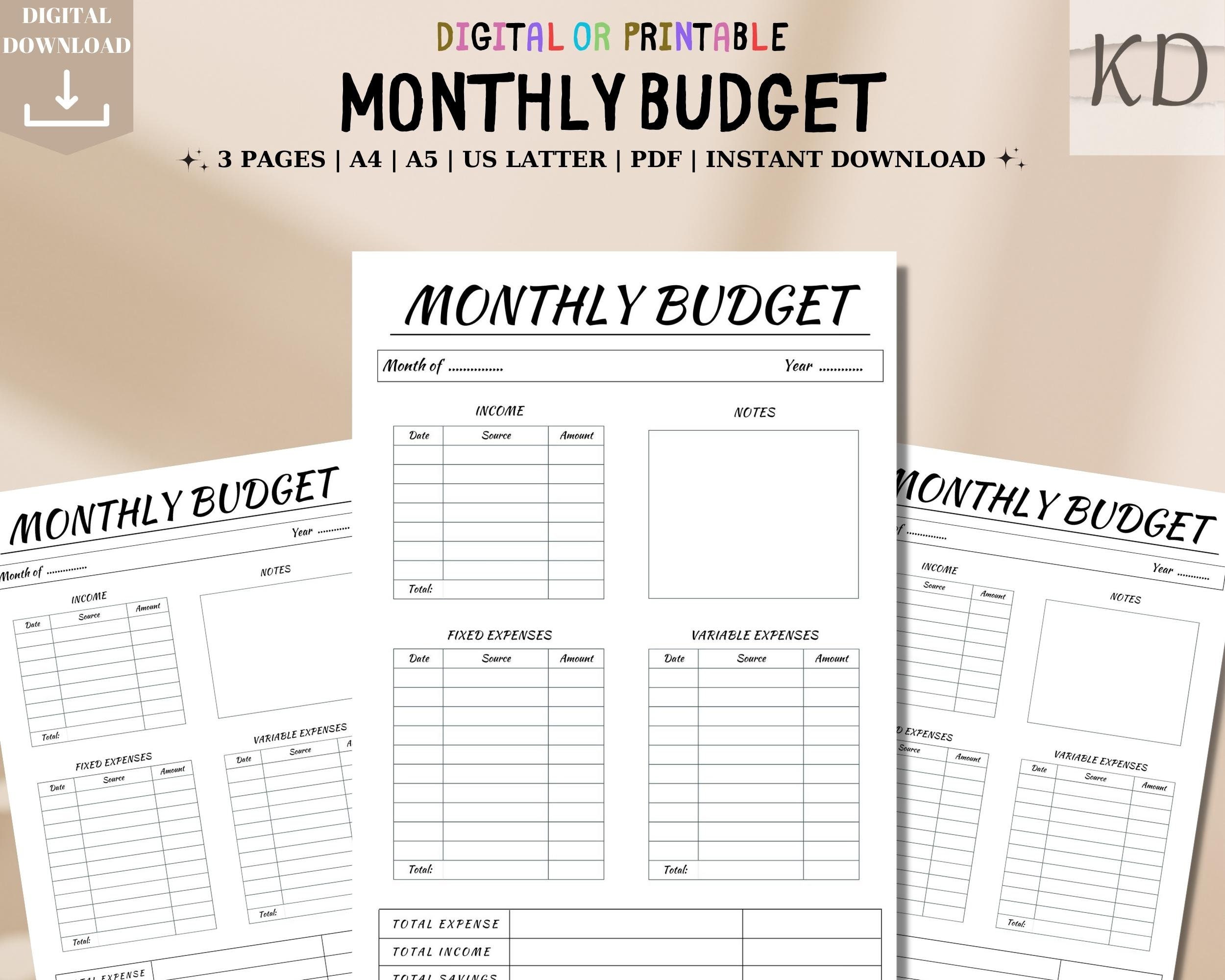 Printable Monthly Budget, Monthly Income &amp; Expense, Monthly Budget ...
