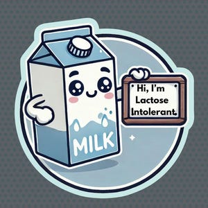 Cute Kawaii Cartoon Premium Vinyl 3" Milk Carton Sticker, Hi I'm Lactose Intolerant, Funny Dairy Intolerance IBS Whimsical Design Meme