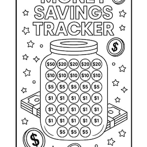 Könnte beinhalten: Schwarz-Weiß-Spar-Tracker mit einem Einmachglas-Design. Das Glas ist mit Kreisen gefüllt, die verschiedene Beträge von 1 € bis 50 € darstellen. Die Worte "MONEY SAVINGS TRACKER" stehen oben, mit Sternen und Euro-Zeichen verstreut.