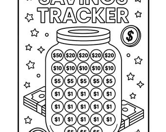 子ども向け貯金トラッカーぬり絵ページ：楽しいお金の節目（デジタルダウンロード）