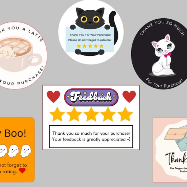 Thank You For Your Purchase / Feedback / Rating Stickers / Premium Vinyl Glossy or Matte Sticker Paper Sheets, Cactus, Cats, Ghosts, Coffee