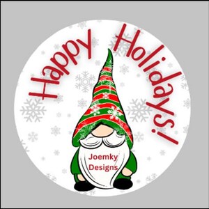 Pegatinas personalizables de gnomos con texto en inglés "Happy Holidays" (Felices fiestas navideñas) / Redondas, disponibles en varios tamaños / Papel de vinilo mate o brillante de primera calidad