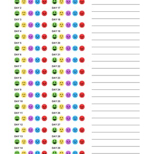 Rastreador único de 30 días de concientización sobre la salud mental, el estado de ánimo y las emociones. Elija entre 5 estados de ánimo diferentes cada día. Hoja de descarga digital (8,5 x 11).