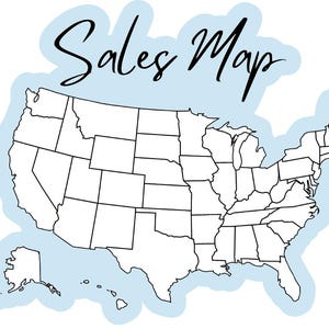 May include: A black and white outline map of the United States with state borders, showing Alaska and Hawaii. The map is on a light blue background with the text "Sales Map" in black cursive.