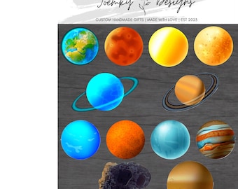 May include: A set of 12 colorful planets with different textures and colors, including blue, orange, yellow, and brown. The planets are arranged in a grid pattern on a gray wooden background.  Joemky Designs | Custom Handmade Gifts | Made with Love | Est 2023