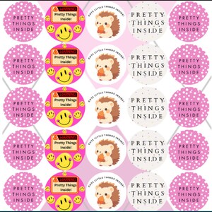May include: Twenty-four pink and white round stickers with a hedgehog design. The stickers have the text "Pretty Things Inside" and a warning sign that says "Pretty Things Inside!" with a smiley face.