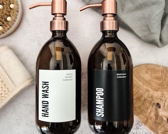 Personalised Amber Glass, Plastic Soap Dispenser: Copper Pump, Custom Label