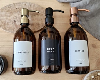 Personalised Refillable Soap Dispenser: Amber Glass or Plastic Bottle, Metal Pump