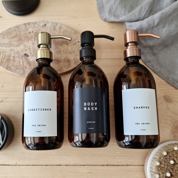 Personalised Refillable Soap Dispenser: Amber Glass or Plastic Bottle, Metal Pump