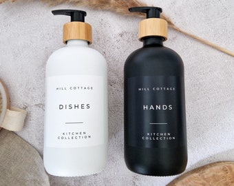 Gepersonaliseerde, matwitte, matzwarte 500ml glazen herbruikbare pompfles voor toiletartikelen, shampoo, conditioner, body wash, mevrouw Hinch geïnspireerd.