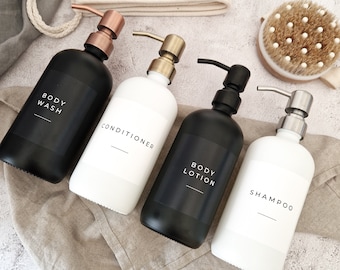 Minimalistische, personalisierte, mattweiße, mattschwarze wiederverwendbare 500ml Glaspumpflasche für Toilettenartikel, Shampoo, Conditioner, Körperwäsche