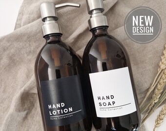 Personalised Refillable Soap Dispenser: Amber Glass or Plastic Bottle. Stainless Steel Pump