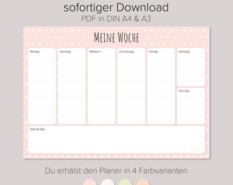 May include: A pink weekly planner with a heart pattern border and the text "MEINE WOCHE". The planner includes sections for each day of the week, plus a "Dies & Das" section. The text "sofortiger Download" and "PDF in DIN A4 & A3" are also visible.