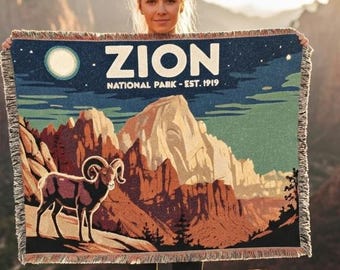 Personalized Zion National Park Woven Cotton Blanket: Travel Souvenir