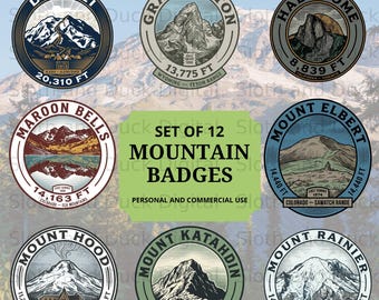 Mountain Peak Badges: Travel Stickers, PNG SVG Files (Digital Download)