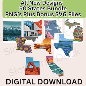Watercolor USA State Maps Clipart: Landmark Designs (PNG, SVG Digital Download)