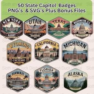 May include: A collection of nine state capitol badges in a variety of colors. Each badge features a state capitol building, state name, and establishment date. The badges are in a hexagonal shape and include the text "50 State Capitol Badges PNG's & SVG's Plus Bonus Files".