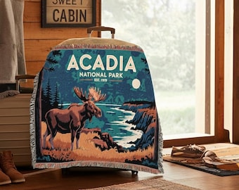Personalized Acadia National Park Woven Cotton Blanket: Nature Lover Gift