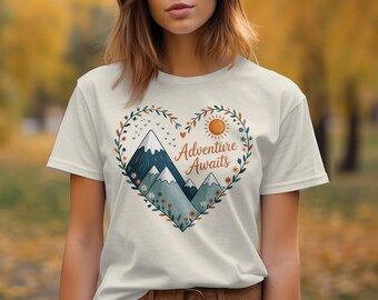 Adventure Awaits T-Shirt, Heart Floral Mountain Graphic