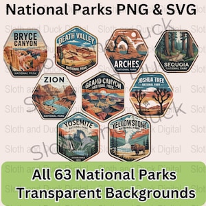 Alle 63 nationale parken PNG SVG-bundel, stickers nationaal park, transparante achtergrond, digitale download, Bryce, Zion, Yosemite, Yellowstone