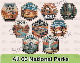 63 National Parks PNG SVG Bundle, National Park Stickers, Transparent Background, Digital Download, Bryce, Zion, Yosemite, Yellowstone